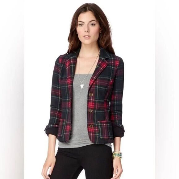 AEROPOSTALE ladies Scotch Plaid Lined Blazer Jacket POCKETS buttons - Picture 1 of 5